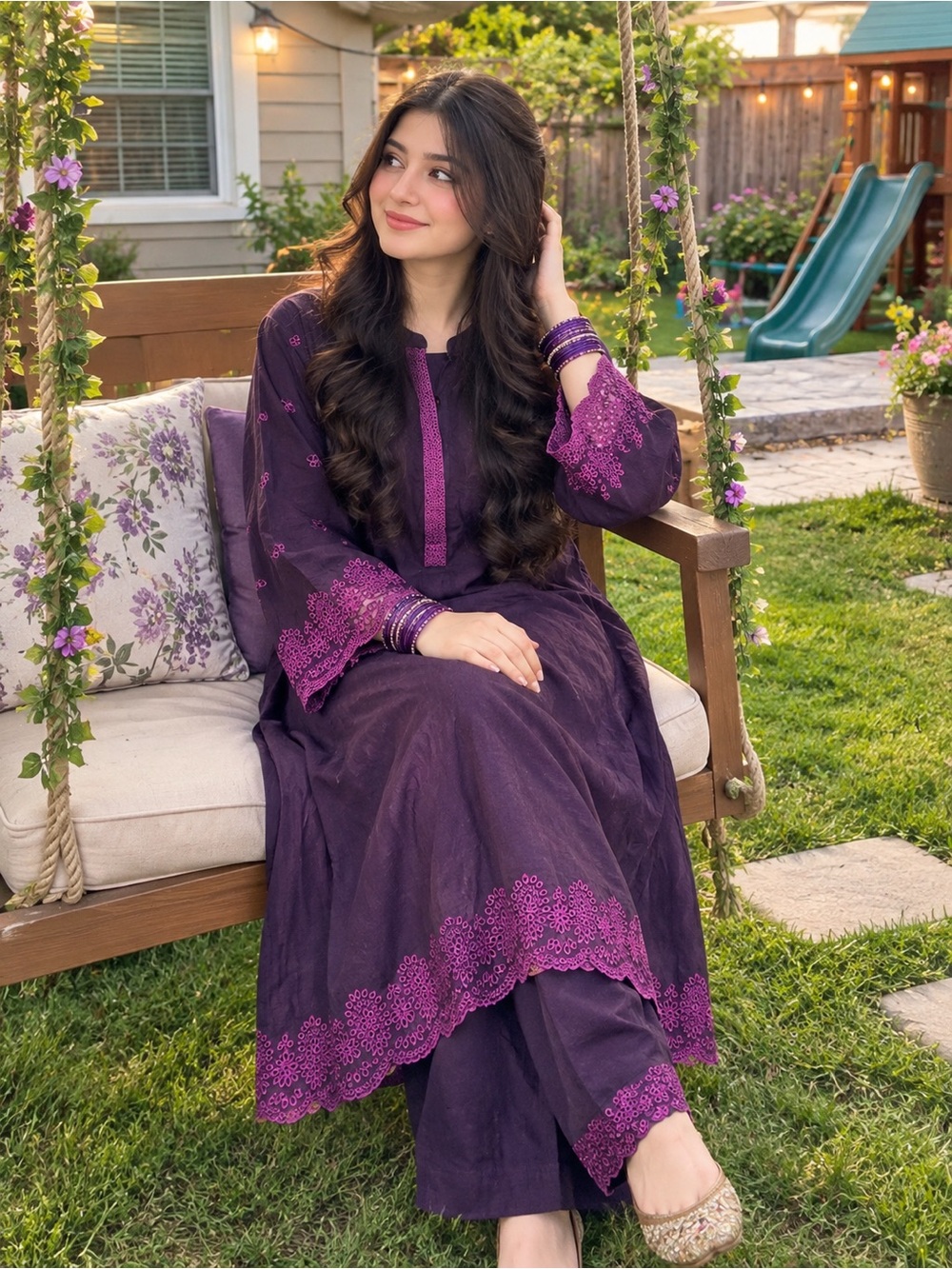 Limelight Deep Purple Embroidered Long Sleeve Dress Set